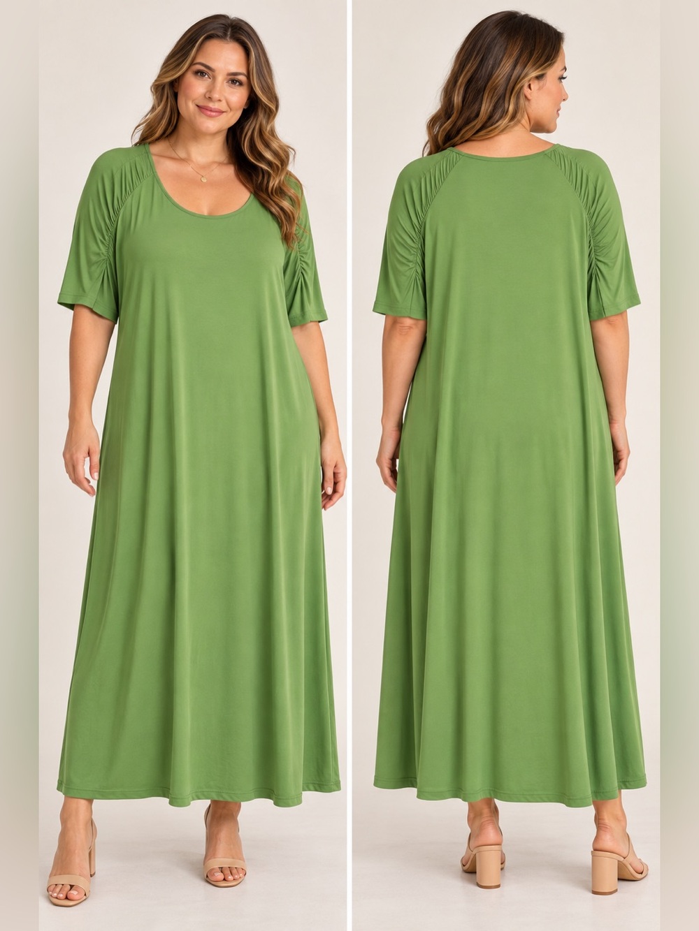 Susan Graver XL Green Maxi Dress Ruched Sleeve Stretch